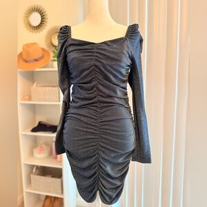 Blue Ruched Long Sleeve Bodycon Dress